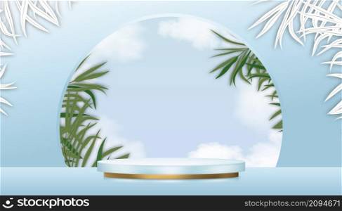 Studio room backdrop with Podium showcase display on blue sky, cloud and paper cut palm leaves on wall,Vector 3D Stage pedestal for Product presentation beauty products for Spring, Summer background