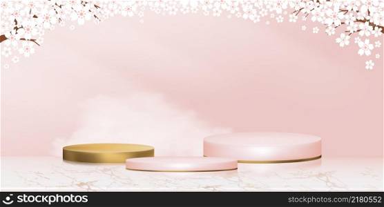 Studio room,Golden Podium with Spring Apple Blossom on Pink Sky background,Vector 3D backdrop banner Cylinder Stand platform on Rose gold foil Marble with Blossoming branches pink sakura