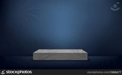 Studio room in dark blue background with 3D grey podium mock up,Luxury gallery room with stand and palm leaves on wall.Vector minimal design use for backdrop shooting for products for sale or Promote