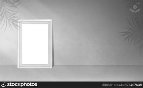 Studio room, picture frame with light and shade on Grey cement textured background, Vector 3D Backdrop Gray Concrete with palm leave on wall room and wooden floor surface,Banner background concept