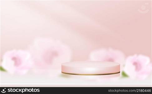 Studio room Pink podium display with blurry cherry blossom background, Vector 3D Cylinder on blurred Spring Sakura flower, Sweet pastel backdrop banner for Beauty product, Mother day,Valentine day