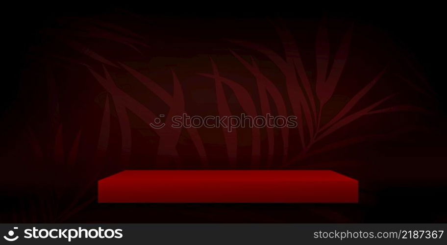 Studio room podium with red palm leaf on black wall background, Vector illustration 3D Empty Gallery with stand display or shelf,Banner design for products presentation for Holidy season sale