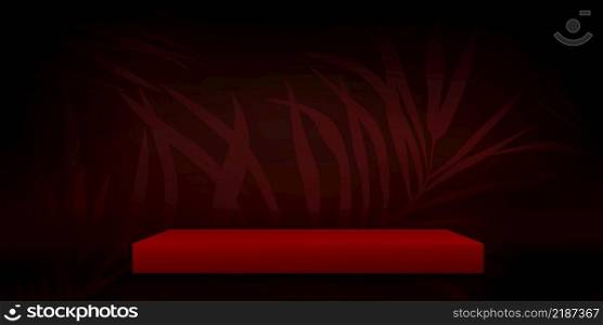 Studio room podium with red palm leaf on black wall background, Vector illustration 3D Empty Gallery with stand display or shelf,Banner design for products presentation for Holidy season sale