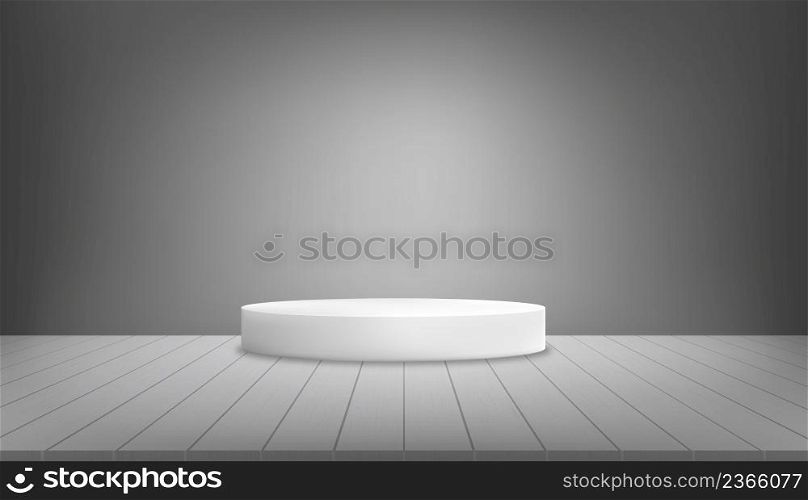 Studio room with 3D podium on wooden panel and dark grey wall background. Vector illusration with light gray floor with light and shadow on wall boards. Empty room in retro style design concept