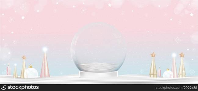Studio room with Magic Glass snow globe with gold conical tree on snow on pink background. Xmas Snowball 3d design with copy space for Winter holiday,Happy New Year and Merry Christmas greeting card