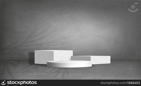 Studio Room with Marble Cylinder Podium and Palm leaves on Gray Cement Wall Texture Background with Light and Shadow on Concrete floor. Vector 3D Gallery room,Backdrop for Product presentation