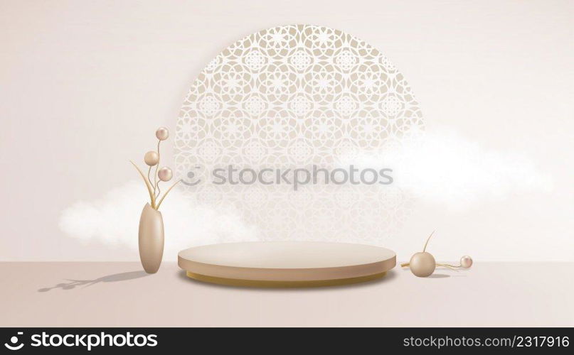 Studio room with podium and flowers ball in vase on floor,Gallery room with oriental patterns on pastel wall backdrop.Vector illustration 3D minimal scenery for product presentation 