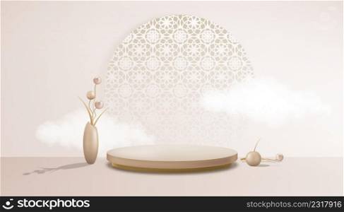 Studio room with podium and flowers ball in vase on floor,Gallery room with oriental patterns on pastel wall backdrop.Vector illustration 3D minimal scenery for product presentation 