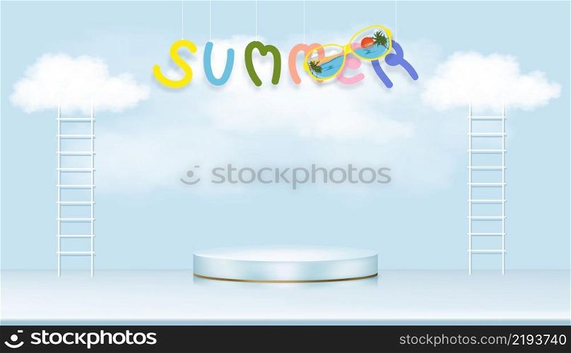 Studio Room with Podium and Stair ladder with fluffy Cloud Floating on Blue Sky background,Vector illustration 3D Backdrop minimal design with showcase mock up for Summer Holiday presentation