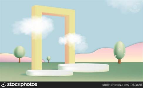 Studio room with podium and tree on green field with fluffy cloud on sky,Vector 3D Scenery cylinder stand and portal on blue background,Backdrop showcase for Easter holiday, springtime and summer sale