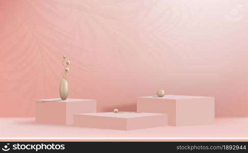 Studio room with rose gold flower bud in vase on cubes box stand and palm leaves on wall background, Gallery room with minimal stands display. Vector 3D scene composition for product presentation