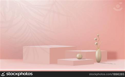 Studio room with rose gold flower bud in vase on cubes box stand and palm leaves on wall background, Gallery room with minimal stands display. Vector 3D scene composition for product presentation