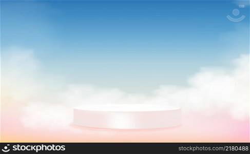 Studio room with Showcase display Cylinder podium mockup with fluffy cloud, pink and blue sky background,Vector illustration scene to show beauty and cosmetic product presentation on spring summer