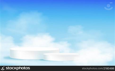 Studio room with Showcase display Cylinder white podium mockup with fluffy cloud and blue sky background,Vector illustration scene to show beauty and cosmetic product presentation on spring summer