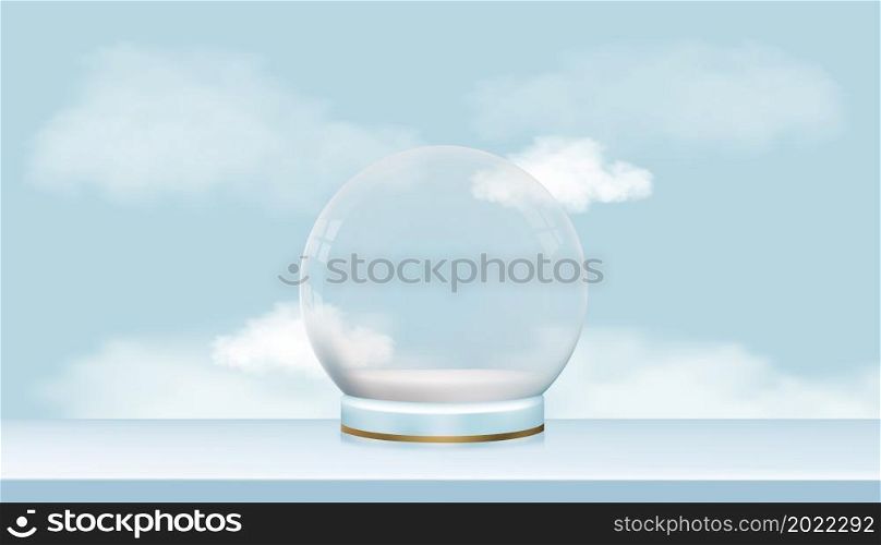 Studio room with Snow Globe and fluffy cloud on blue sky background,Vector illustration. Empty Crystal 3d Sphere. Transparent magic glass ball for Merry Christmas,New Year or Spring and Summer sale