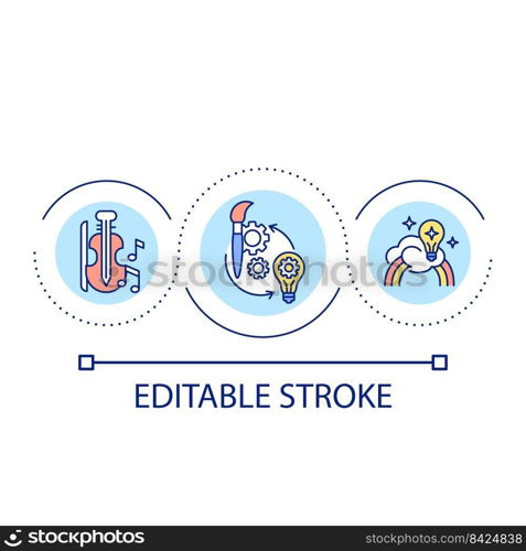 Study creative skills loop concept icon. Playing musical instrument. Study arts. Creativity development abstract idea thin line illustration. Isolated outline drawing. Editable stroke. Arial font used. Study creative skills loop concept icon