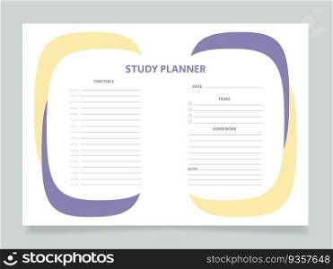 Study daily planner worksheet design template. Printable goal setting sheet. Editable time management sample. Scheduling page for organizing personal tasks. Arial Regular font used. Study daily planner worksheet design template