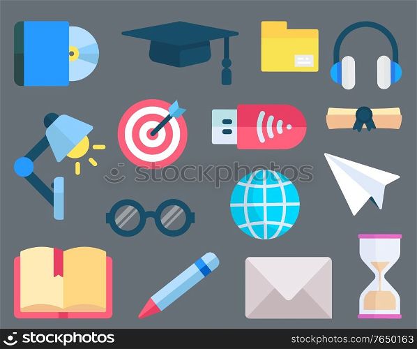 Study electronic equipment, reading symbol, education sign. Graduate hat, headset and lamp, target icon, flash drive, page and glasses, book vector. Reading Equipments, E-learning Technology Vector