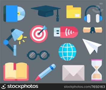 Study electronic equipment, reading symbol, education sign. Graduate hat, headset and lamp, target icon, flash drive, page and glasses, book vector. Reading Equipments, E-learning Technology Vector
