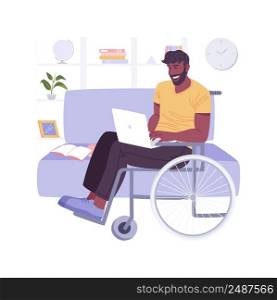 Study from home isolated cartoon vector illustrations. Disabled man in wheelchair with laptop studying at home, distance learning, virtual education, flexible schedule vector cartoon.. Study from home isolated cartoon vector illustrations.
