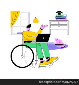 Study from home isolated cartoon vector illustrations. Disabled man in wheelchair with laptop studying at home, distance learning, virtual education, flexible schedule vector cartoon.. Study from home isolated cartoon vector illustrations.