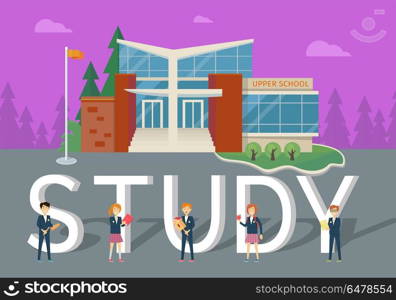 Study in Upper School Flat Style Vector Concept. Study in upper school concept. Modern school building with happy pupils on school yard flat vector illustrations. Children s education. Learning favorite school subjects. For private school web page. Study in Upper School Flat Style Vector Concept