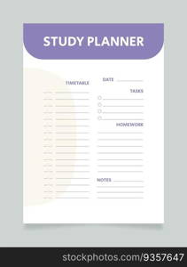 Study planner for day worksheet design template. Printable goal setting sheet. Editable time management s&le. Scheduling page for organizing personal tasks. Arial Regular font used. Study planner for day worksheet design template