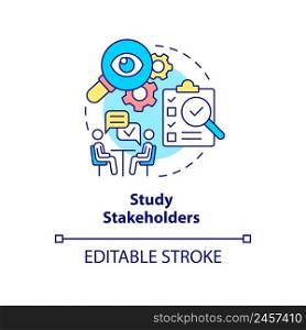 Study stakeholders concept icon. Examine investors. Step of stakeholder relations abstract idea thin line illustration. Isolated outline drawing. Editable stroke. Arial, Myriad Pro-Bold fonts used. Study stakeholders concept icon