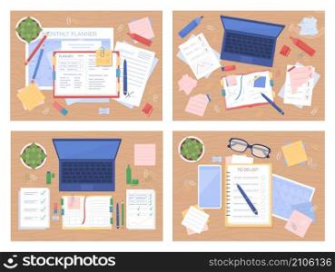 Study tablespace flat color vector illustration set. Planning events. Laptop with notebooks. Textbooks with checklists. Top view 2D cartoon illustration with desktop on background collection. Study tablespace flat color vector illustration set