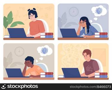 Studying at home 2D vector isolated illustration set. Students with laptop flat characters on cartoon background. Self study. Colourful editable scene collection for mobile, website, presentation. Studying at home 2D vector isolated illustration set