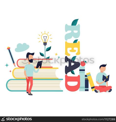 Studying concept with bright characters and elements. Education concept, banner distance learning, online courses. Studying concept with bright characters and elements.