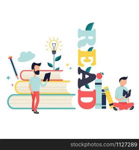 Studying concept with bright characters and elements. Education concept, banner distance learning, online courses. Studying concept with bright characters and elements.
