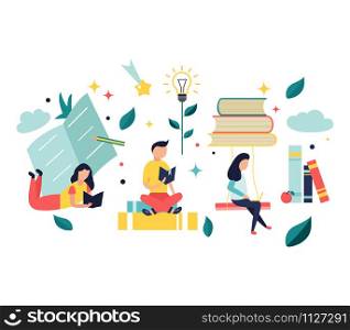 Studying concept with bright characters and elements. Education concept, distance learning, online courses. Studying concept with bright characters and elements.