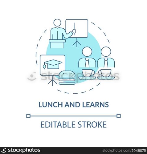 Studying during lunch concept icon. Lunchtime training session abstract idea thin line illustration. Isolated outline drawing. Editable stroke. Roboto-Medium, Myriad Pro-Bold fonts used. Studying during lunch concept icon