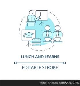 Studying during lunch concept icon. Lunchtime training session abstract idea thin line illustration. Isolated outline drawing. Editable stroke. Roboto-Medium, Myriad Pro-Bold fonts used. Studying during lunch concept icon