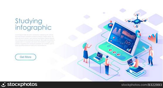 Studying infographic isometric landing page vector template. Business data analytics website homepage UI illustration layout. Market development dynamics research web banner isometry concept. Studying infographic isometric landing page vector template