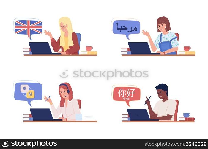 Studying language semi flat color vector character set. Half body people on white. Simple cartoon style illustration collection for web graphic design and animation. Patrick Hand, KozGoPr6N fonts used. Studying language semi flat color vector character set