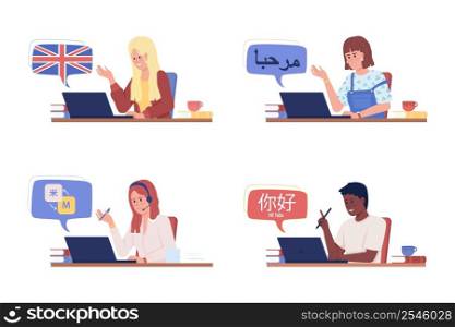 Studying language semi flat color vector character set. Half body people on white. Simple cartoon style illustration collection for web graphic design and animation. Patrick Hand, KozGoPr6N fonts used. Studying language semi flat color vector character set