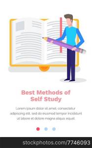Studying material online, best methods of self study concept. Man with a pencil in his hands makes notes in a book. Website landing page template. Male character is busy with self-development. Studying material online, best methods of self study concept. Man with a pencil makes notes in book