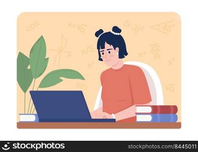Studying math after school 2D vector isolated illustration. Female student flat character on cartoon background. Academic enrichment. Colourful editable scene for mobile, website. Comfortaa font used. Studying math after school 2D vector isolated illustration