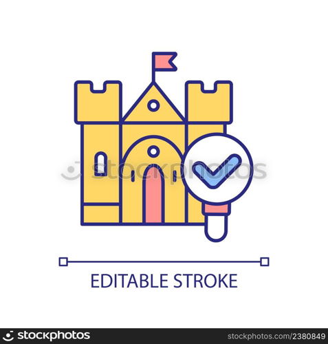 Studying medieval architecture RGB color icon. Old armed fortress. Ancient cultural heritage. Isolated vector illustration. Simple filled line drawing. Editable stroke. Arial font used. Studying medieval architecture RGB color icon