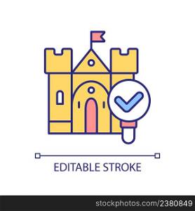 Studying medieval architecture RGB color icon. Old armed fortress. Ancient cultural heritage. Isolated vector illustration. Simple filled line drawing. Editable stroke. Arial font used. Studying medieval architecture RGB color icon