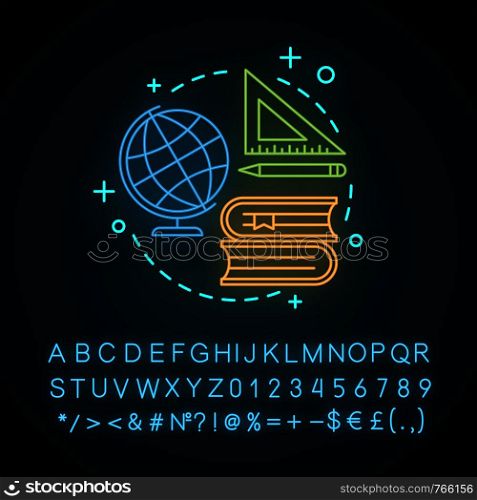 Studying neon light concept icon. School education idea. Learning. Gaining knowledge. Glowing sign with alphabet, numbers and symbols. Vector isolated illustration. Studying neon light concept icon