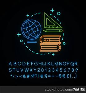 Studying neon light concept icon. School education idea. Learning. Gaining knowledge. Glowing sign with alphabet, numbers and symbols. Vector isolated illustration. Studying neon light concept icon