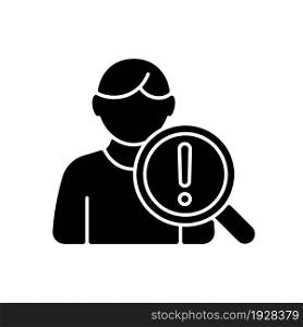 Studying risk factors black glyph icon. Experimental trial. Human volunteers participation. Mortality risk. Testing medications. Silhouette symbol on white space. Vector isolated illustration. Studying risk factors black glyph icon