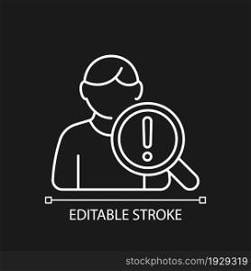 Studying risk factors white linear icon for dark theme. Human volunteers participation. Thin line customizable illustration. Isolated vector contour symbol for night mode. Editable stroke. Studying risk factors white linear icon for dark theme