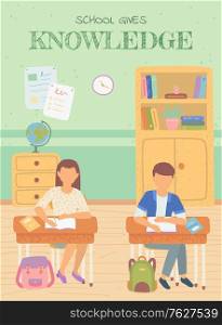 Studying schoolboy and schoolgirl in classroom vector, boy and girl writing in textbooks. Geography lesson, globe on shelf and books, tables with info. Back to school concept. Flat cartoon. School Knowledge Pupils Writing in Notebook Study