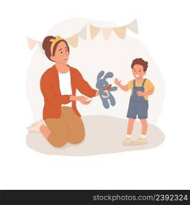 Stuffed bunny isolated cartoon vector illustration. Smiling mother giving toy bunny to little boy on Easter, holiday presents and gifts, religious people, festive mood vector cartoon.. Stuffed bunny isolated cartoon vector illustration.