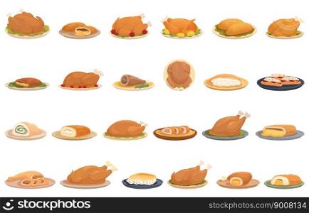 Stuffed chicken icons set cartoon vector. Roast duck. Food family. Stuffed chicken icons set cartoon vector. Roast duck