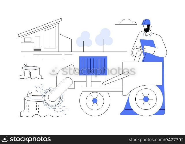 Stump removal abstract concept vector illustration. Professional logger using stump grinder in garden, tree removal service, cutting wood machine and equipment, harvest timber abstract metaphor.. Stump removal abstract concept vector illustration.